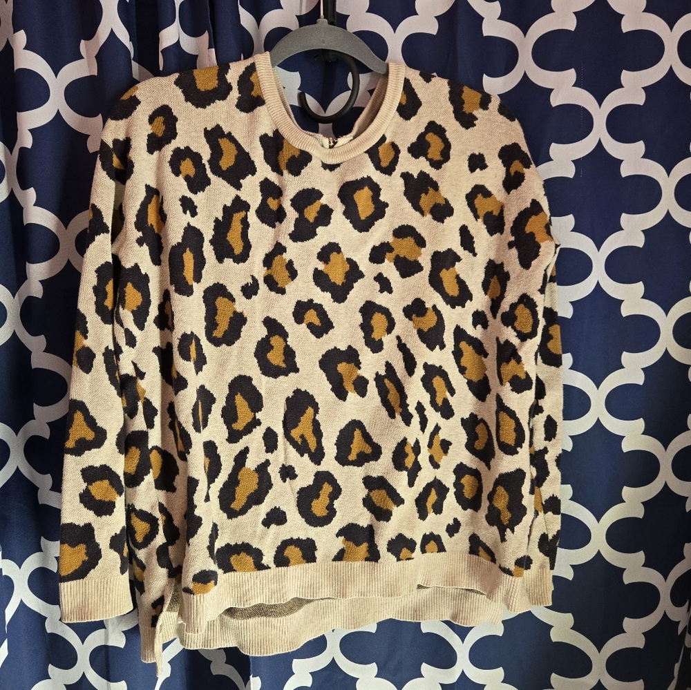 H&M Cream and Brown Crew Neck Leopard Print Sweater